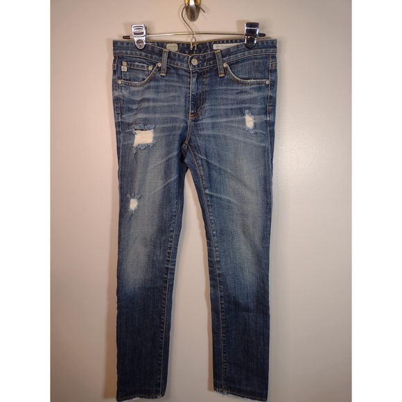 AG Adriano Goldschmied Premiere Skinny Straight Distressed Ripped Jeans Size 27R - Picture 1 of 8